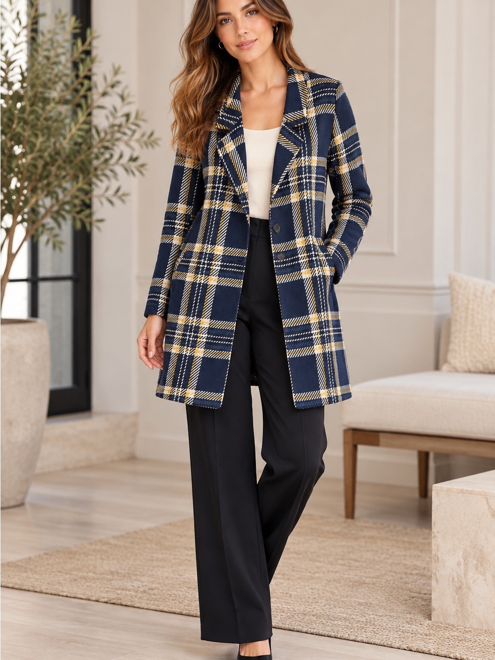 Bodybag by Jude Montreal Navy Yellow Plaid Wool Blend Trench Coat Size M